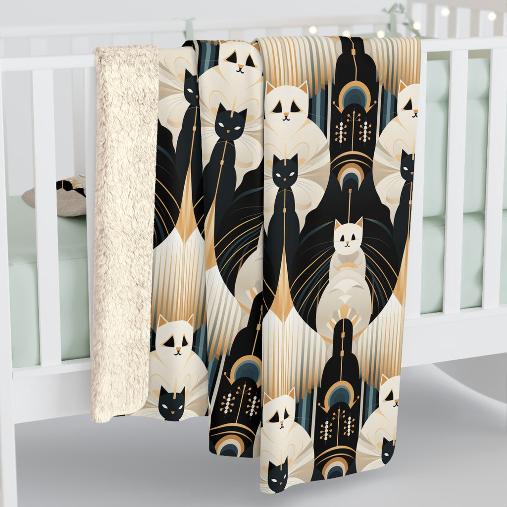 Sherpa Blanket - An elegant and artistic Art Deco-style pattern featuring streamlined white cats with a striking geometric backdrop of golden and black lines and shapes.