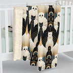 Sherpa Blanket - An elegant and artistic Art Deco-style pattern featuring streamlined white cats with a striking geometric backdrop of golden and black lines and shapes.