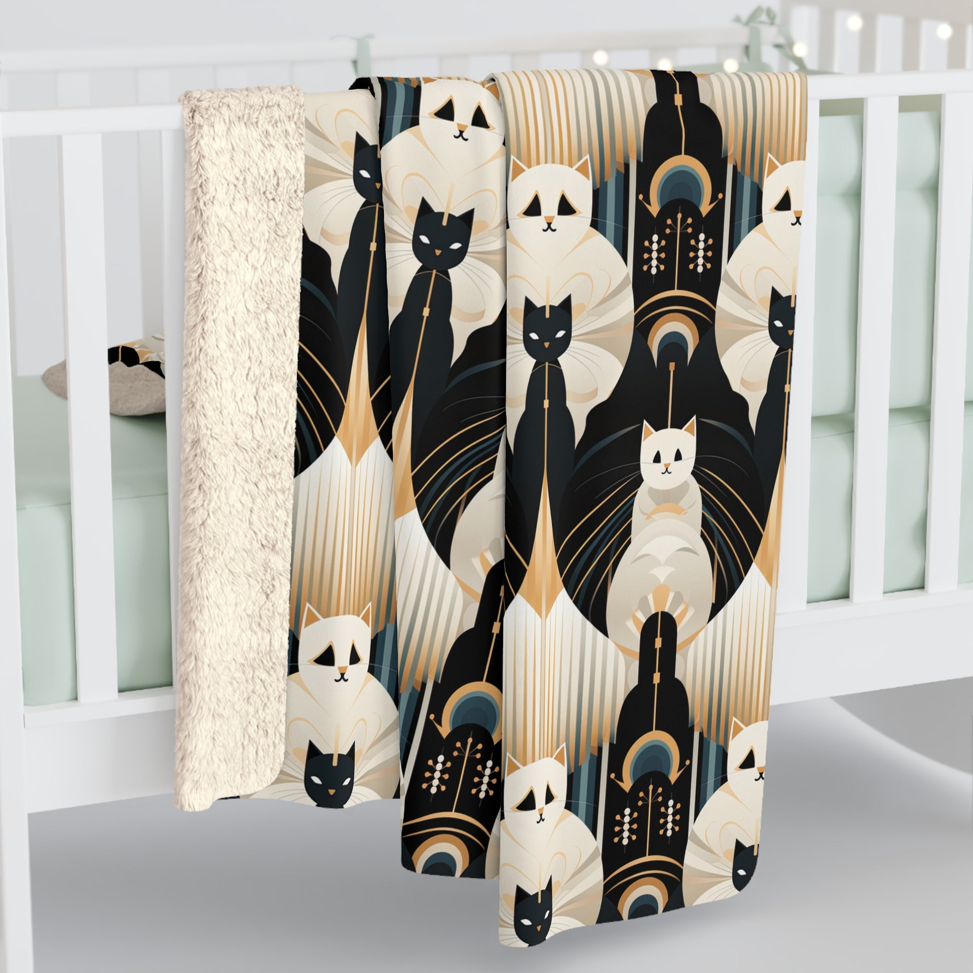 Sherpa Blanket - An elegant and artistic Art Deco-style pattern featuring streamlined white cats with a striking geometric backdrop of golden and black lines and shapes.