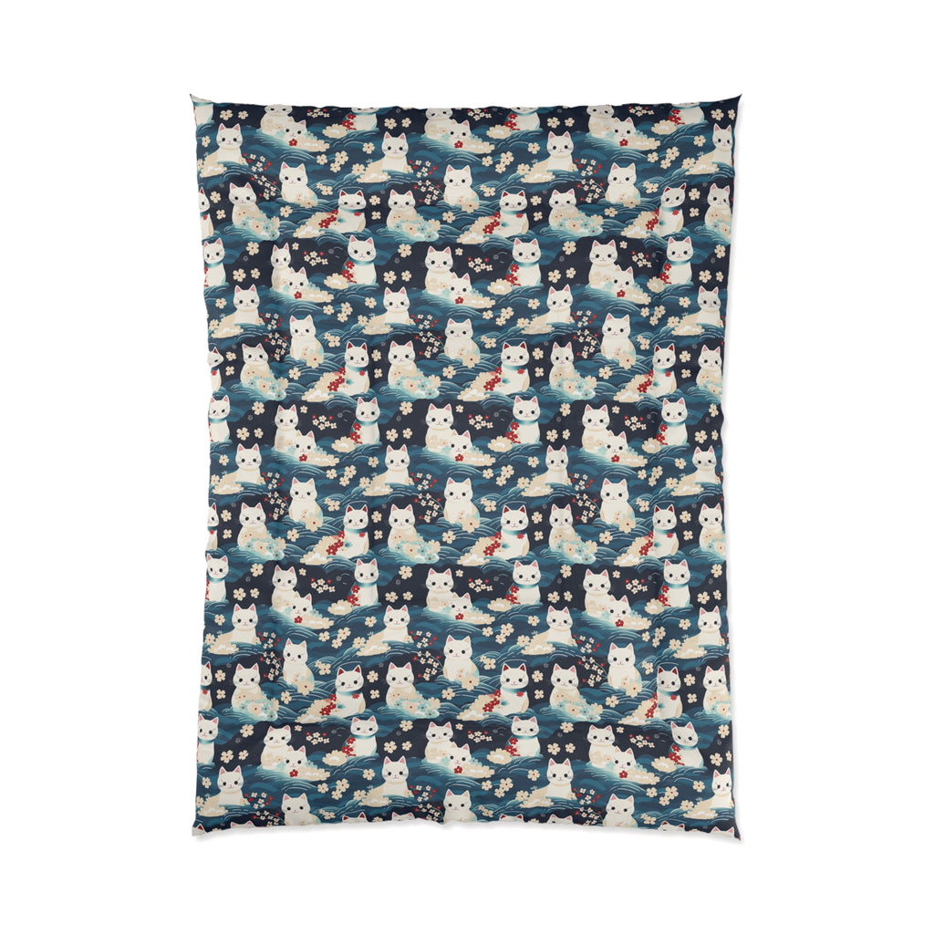 Comforter - A lovely, playful, Japanese-inspired illustration of sweet white cats sitting on rolling blue waves with red and white flowers and gentle clouds.