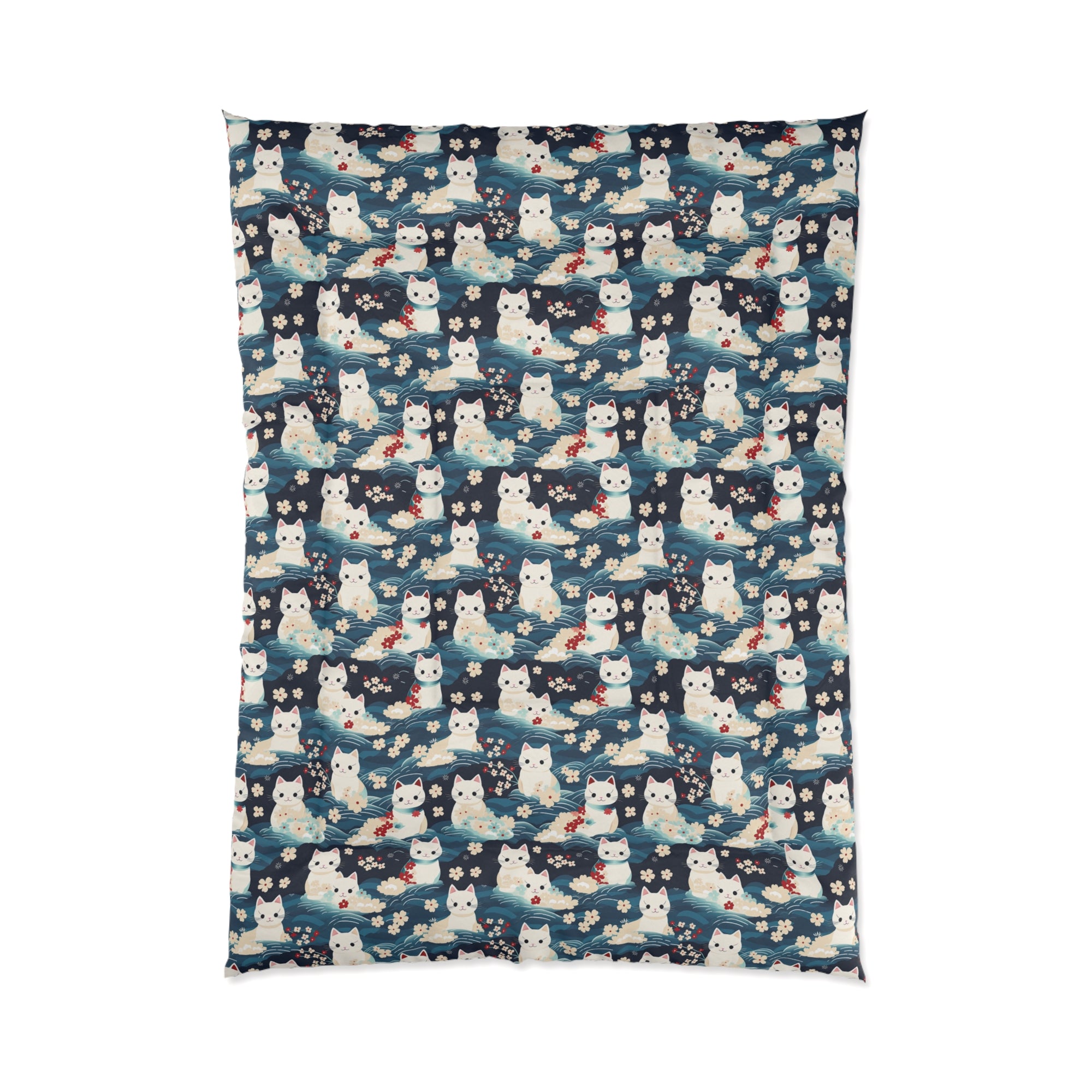 Comforter - A lovely, playful, Japanese-inspired illustration of sweet white cats sitting on rolling blue waves with red and white flowers and gentle clouds.