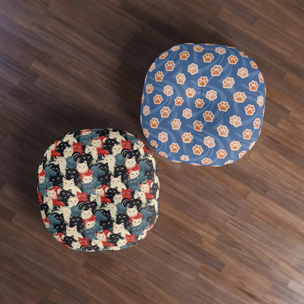 Indoor Round Floor Pillow - A bold and graphic pop art style illustration featuring a tight-knit cluster of various fluffy felines in black, white, red, and blue.