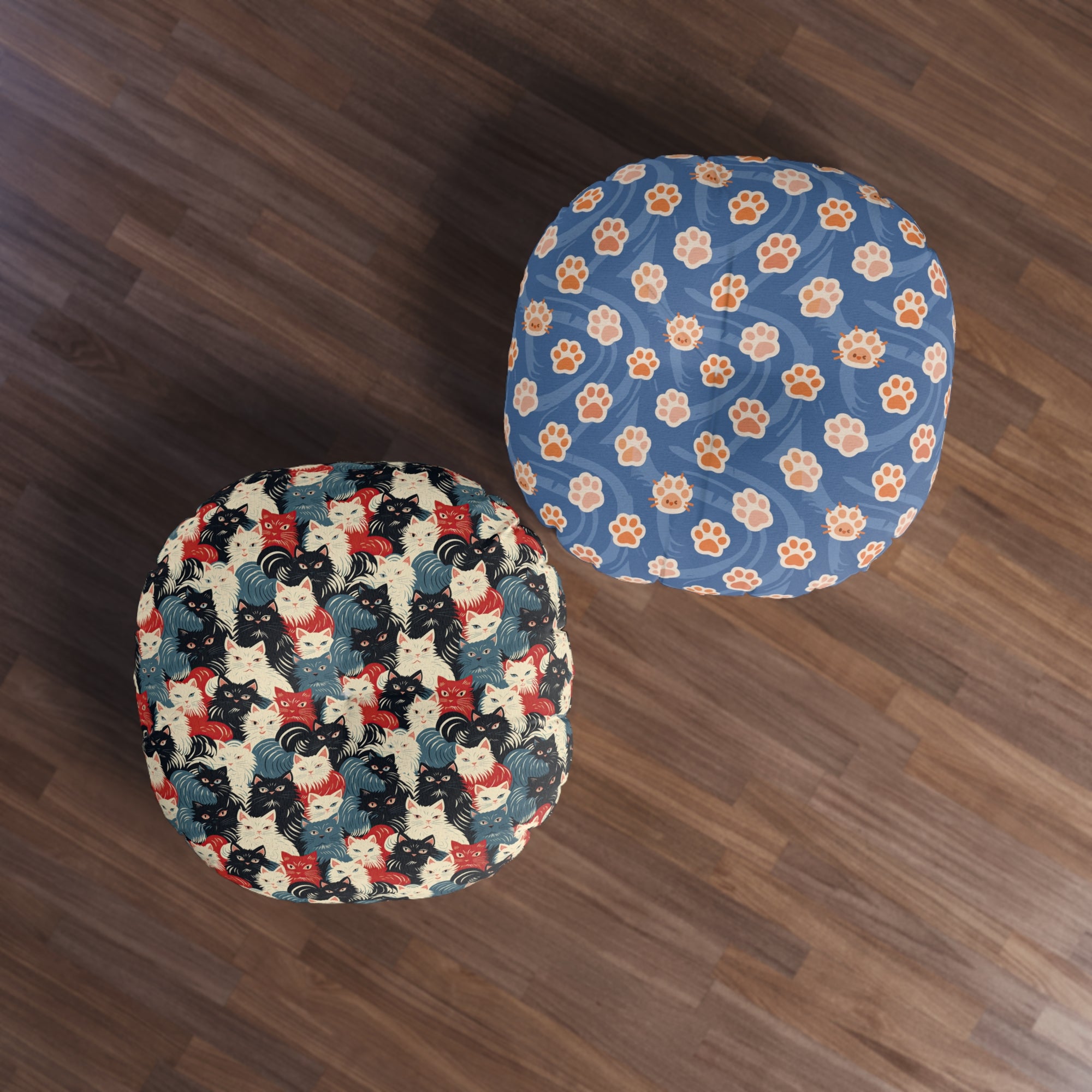 Indoor Round Floor Pillow - A bold and graphic pop art style illustration featuring a tight-knit cluster of various fluffy felines in black, white, red, and blue.