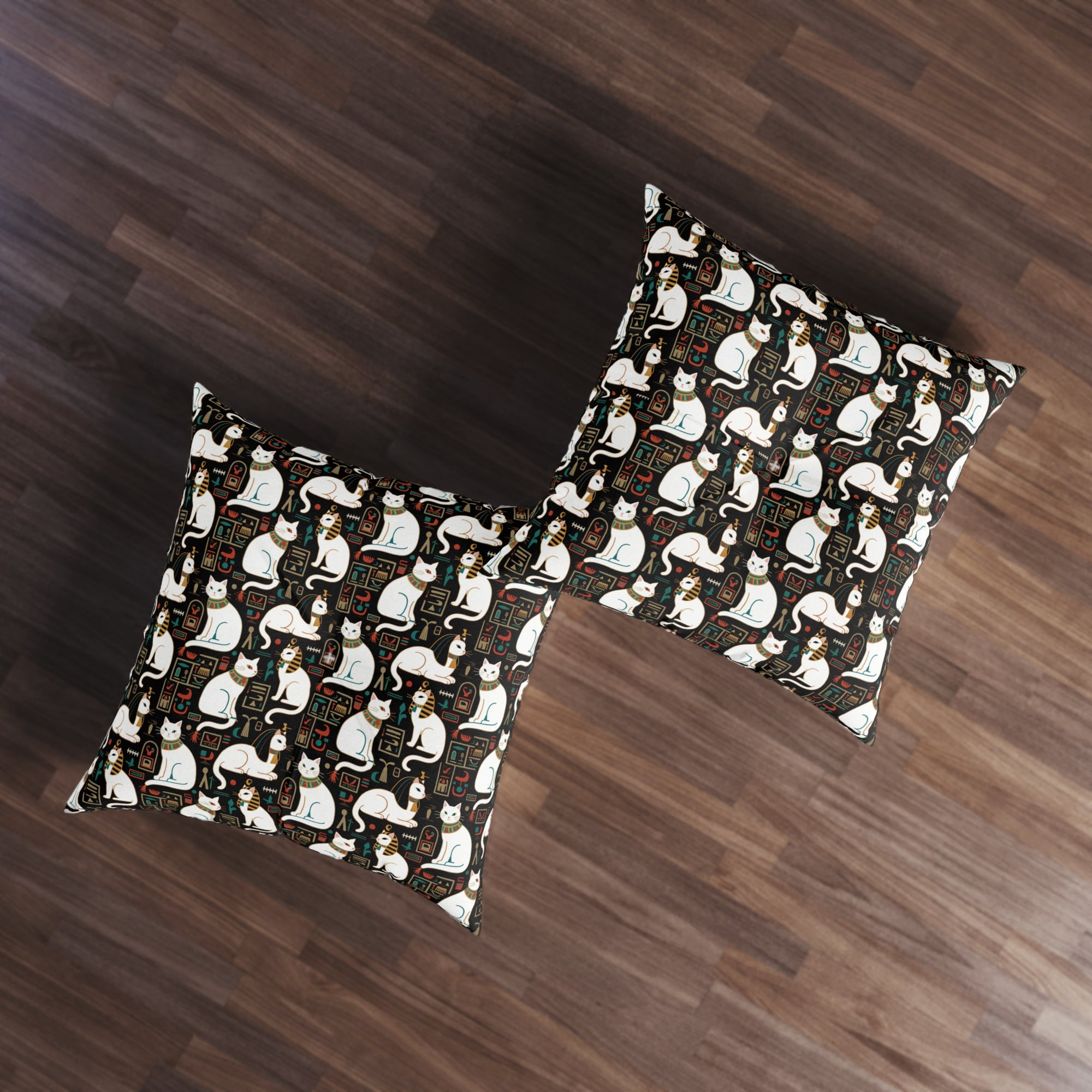 Indoor Square Floor Pillow - Regal White Egyptian Cats with Ornate Collars and Ancient Symbols Adorn this Historically Inspired and Mystical Pattern