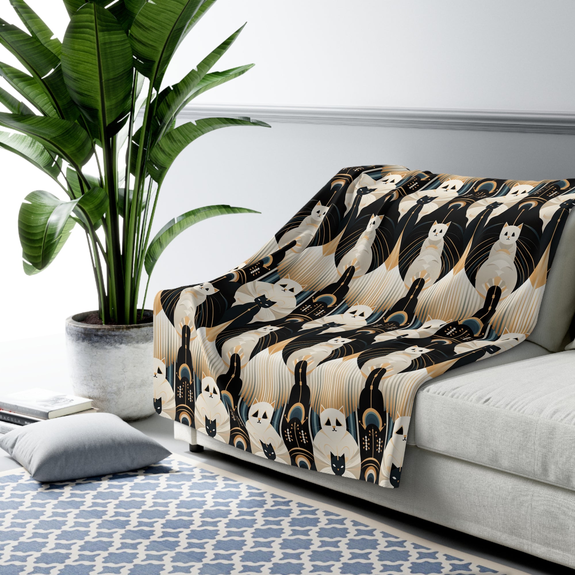 Sherpa Blanket - An elegant and artistic Art Deco-style pattern featuring streamlined white cats with a striking geometric backdrop of golden and black lines and shapes.