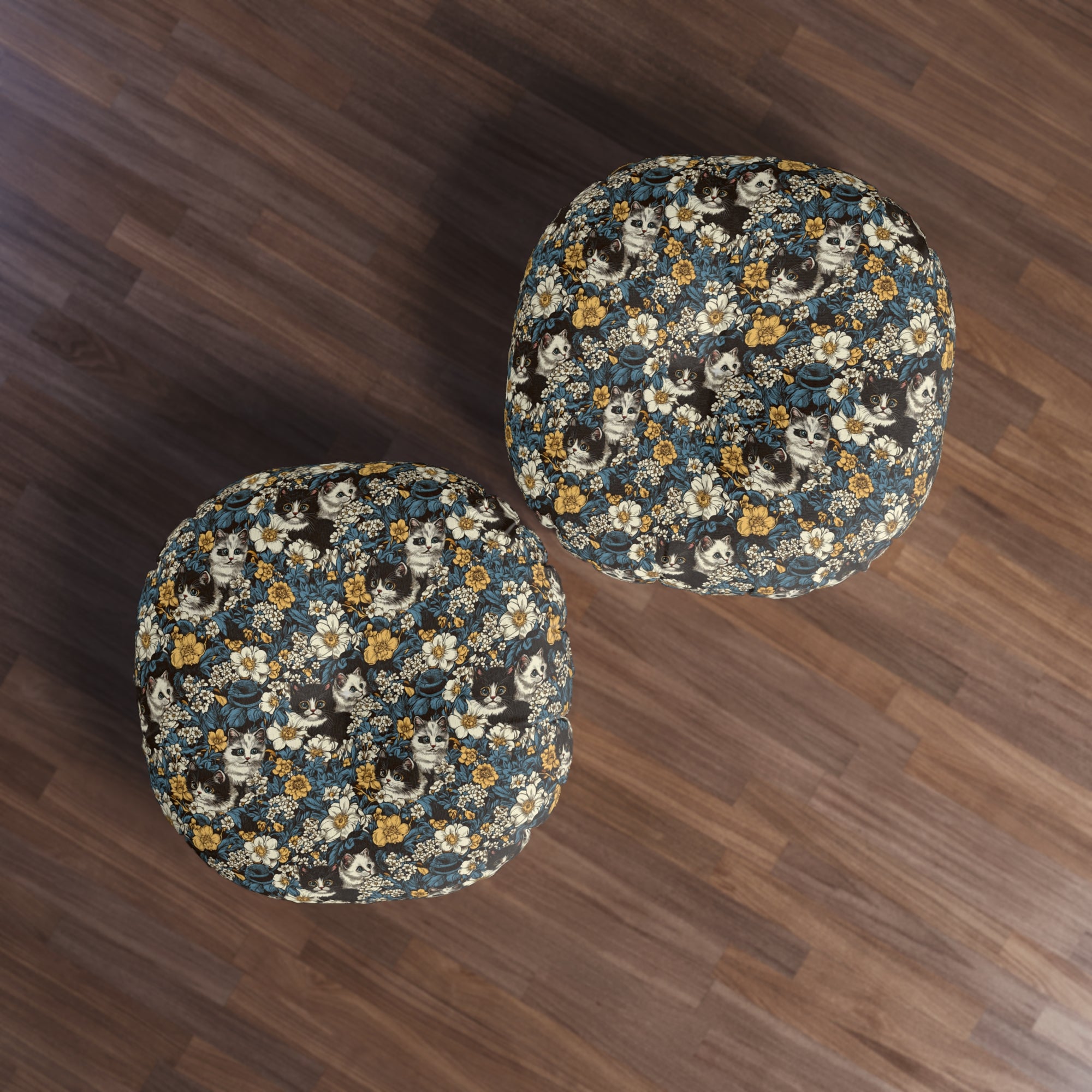 Indoor Round Floor Pillow - Black and White Kittens with Yellow and White Flowers, Dark Blue Leaves, Vintage Charm