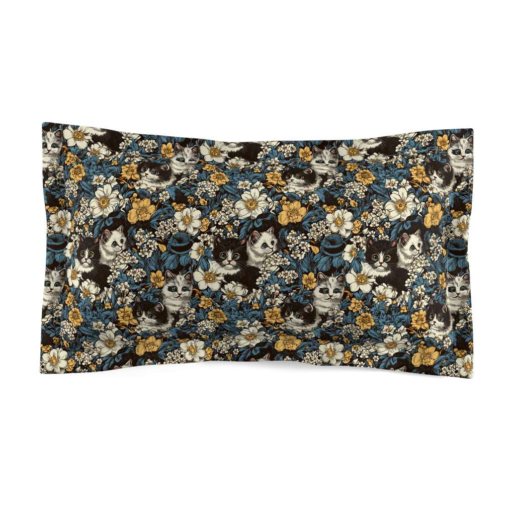 Pillow Sham - Black and White Kittens with Yellow and White Flowers, Dark Blue Leaves, Vintage Charm