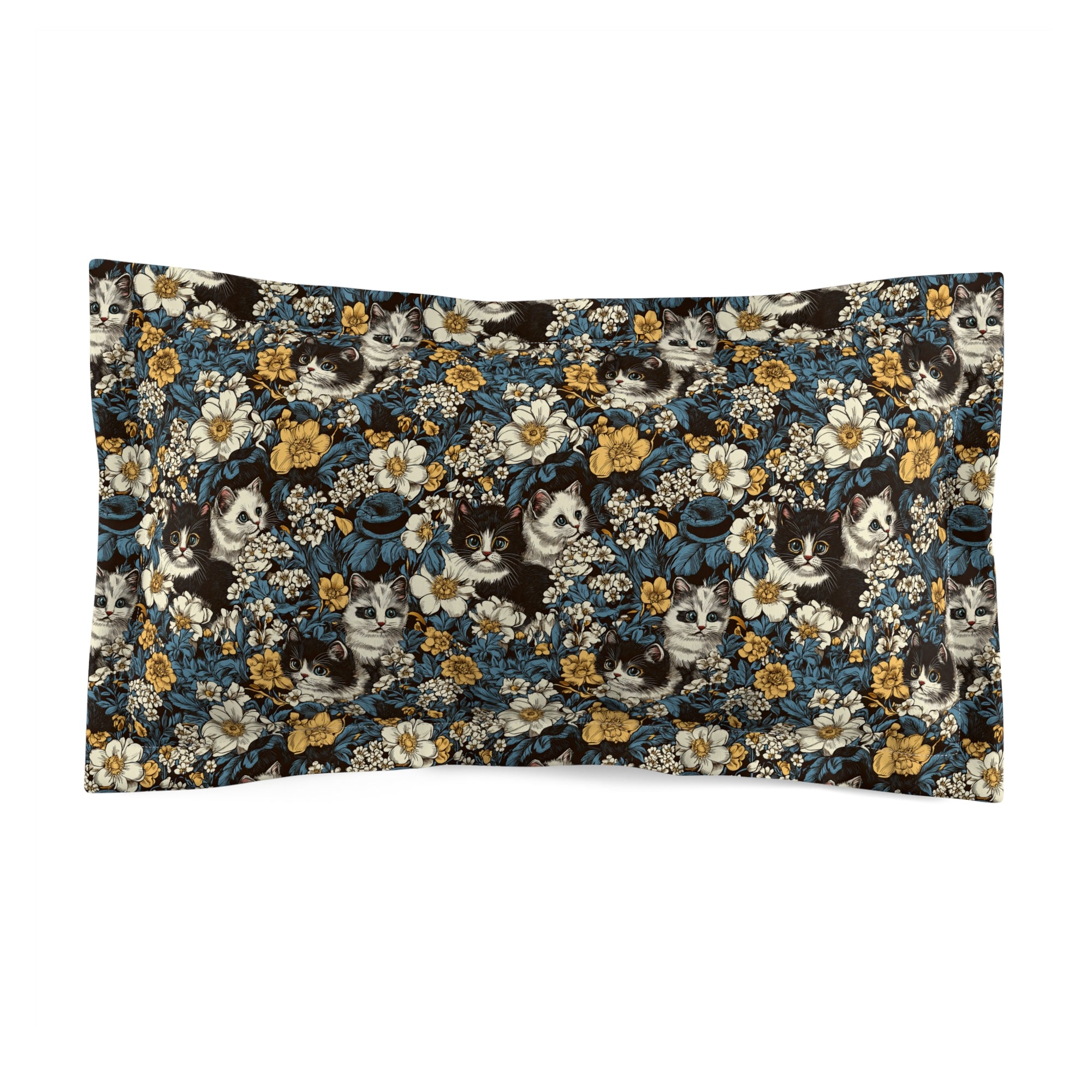 Pillow Sham - Black and White Kittens with Yellow and White Flowers, Dark Blue Leaves, Vintage Charm