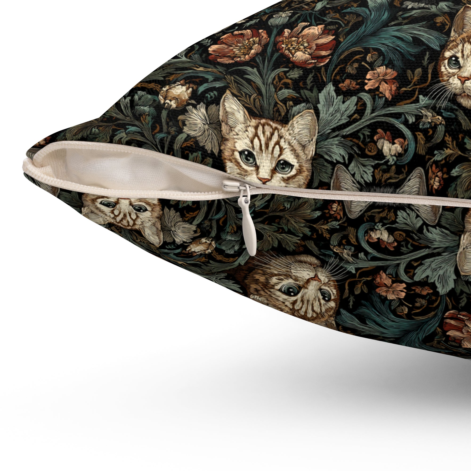 Indoor Square Pillow - Brown Tabby Kittens Among Dark Green and Peach Floral Vines, Moody Vintage Style