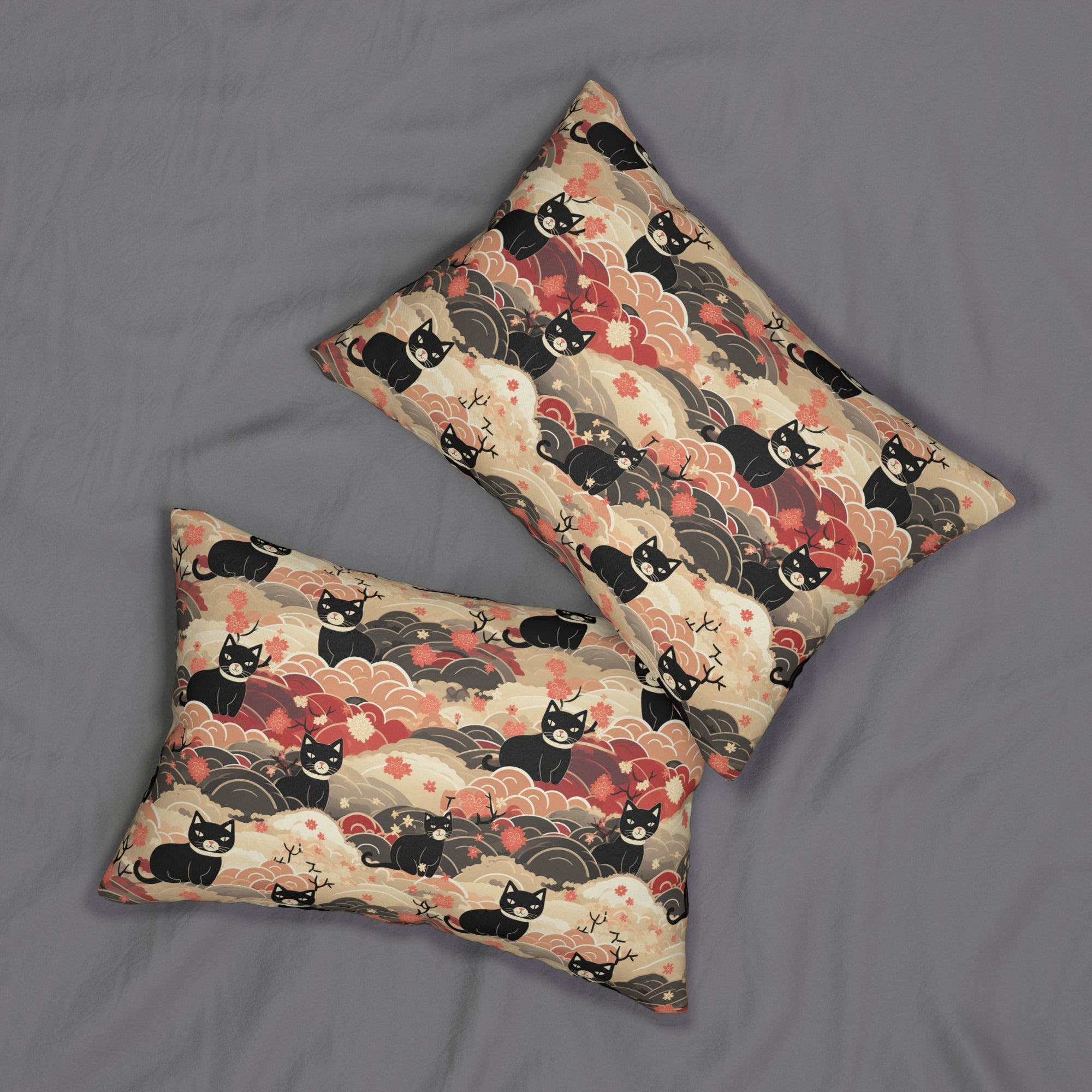 Indoor Lumbar Pillow - A whimsical and enchanting Japanese-style pattern featuring cute black and orange cats nestled among vibrant orange blossoms and soft, cloudy backgrounds.