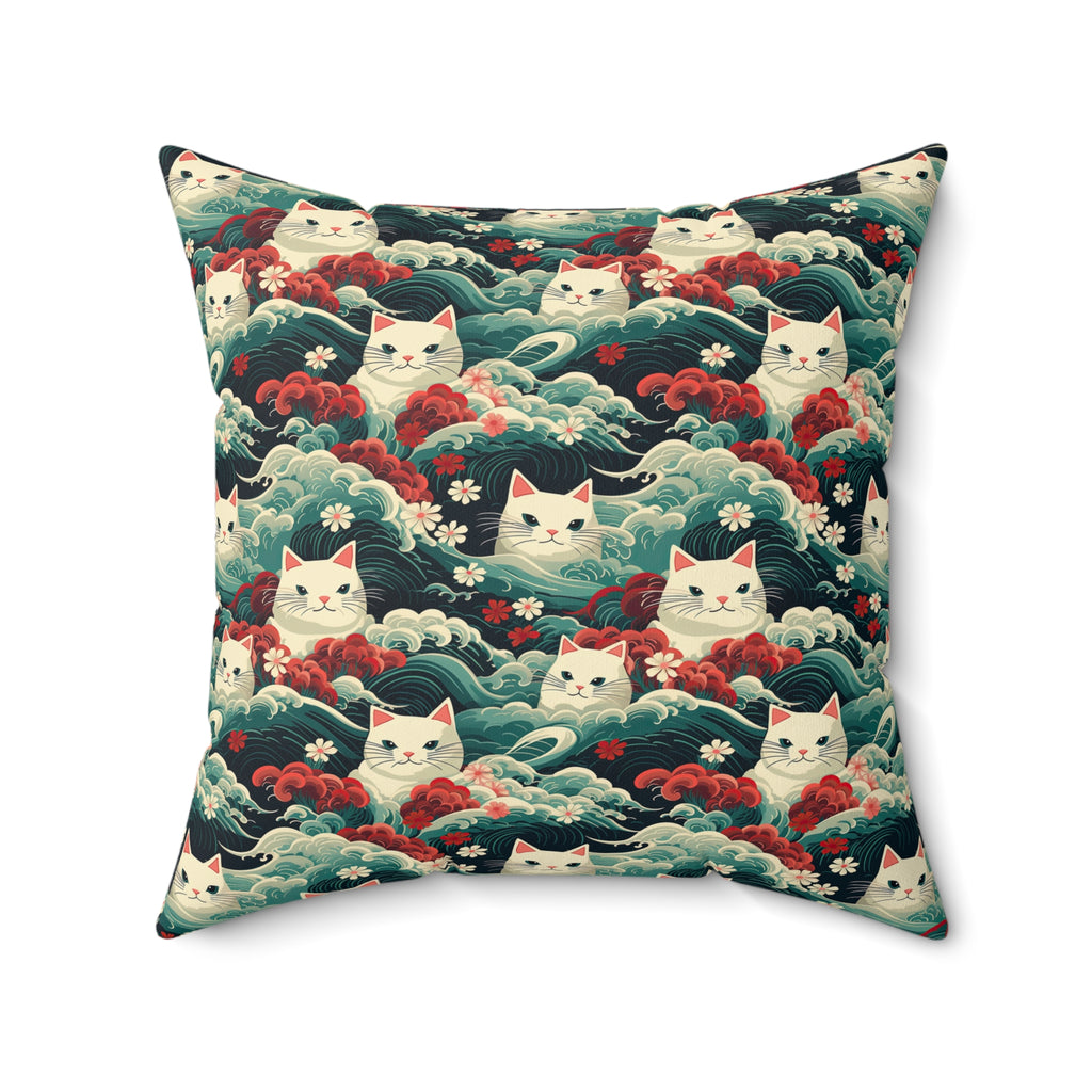 Indoor Square Pillow - A dramatic and powerful Japanese woodblock print-style illustration of cats amidst powerful waves, red flowers, and white cherry blossoms.