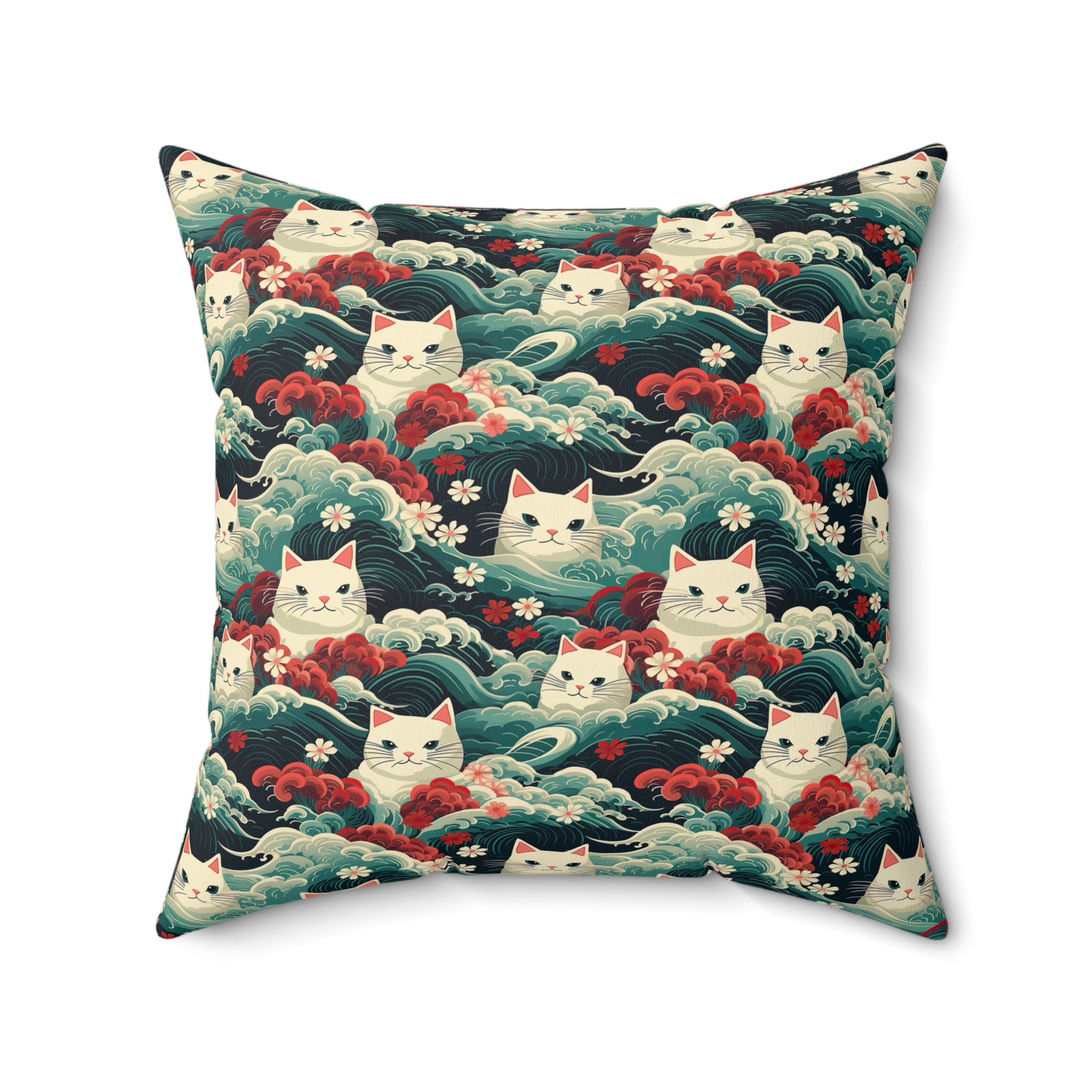 Indoor Square Pillow - A dramatic and powerful Japanese woodblock print-style illustration of cats amidst powerful waves, red flowers, and white cherry blossoms.