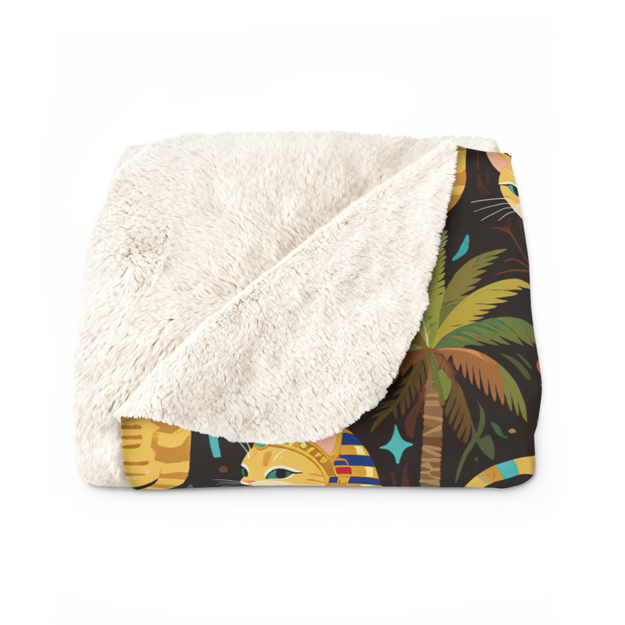 Sherpa Blanket - Golden Egyptian Cats with Pharaonic Headpieces Amidst Lush Palms and Lotus Flowers in an Exotic and Vibrant Scene
