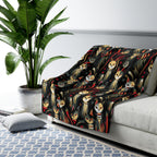 Sherpa Blanket - A bold and striking Art Deco pattern showcasing stylized feline portraits with sharp, gold lines and geometric shapes set against a dark, dramatic background.