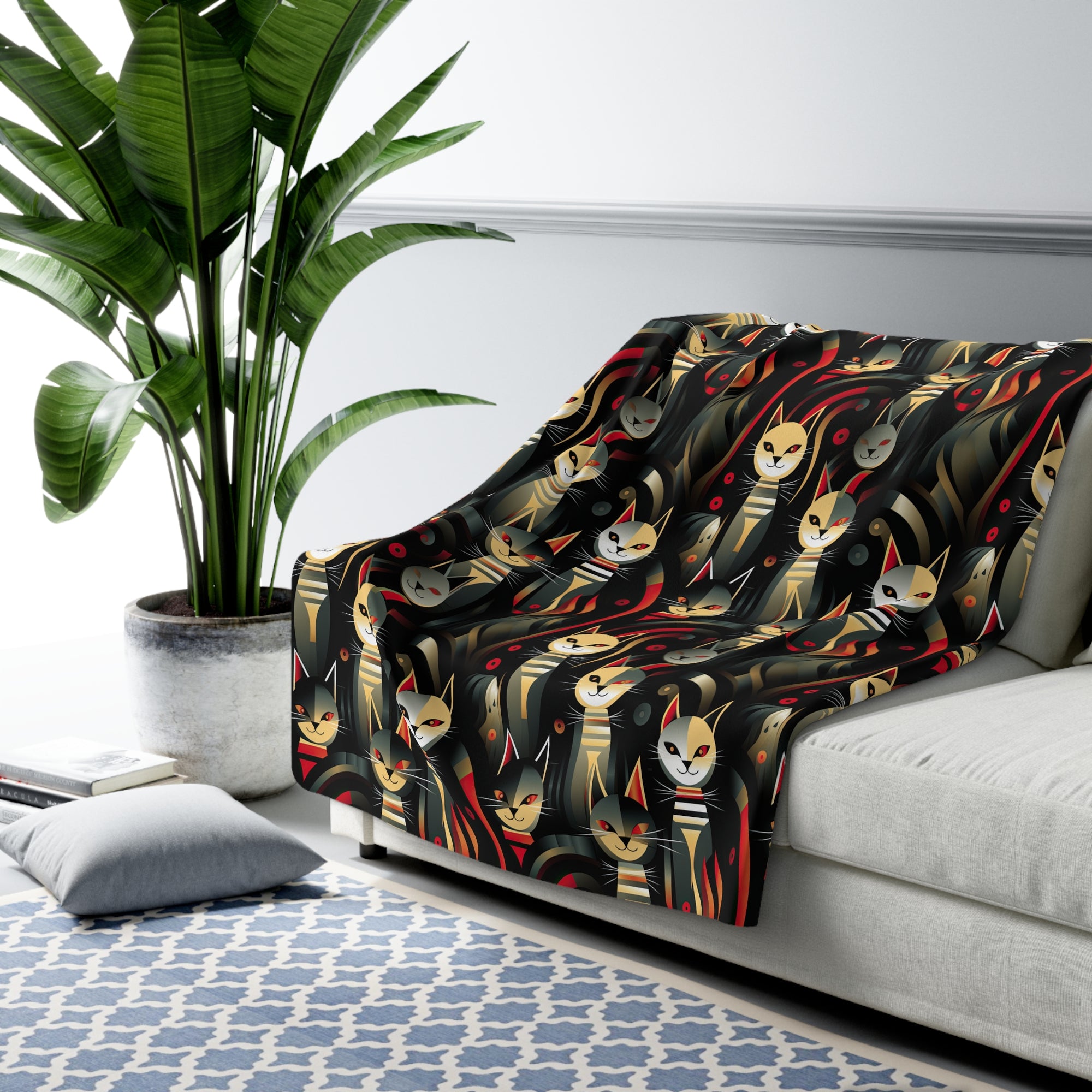 Sherpa Blanket - A bold and striking Art Deco pattern showcasing stylized feline portraits with sharp, gold lines and geometric shapes set against a dark, dramatic background.
