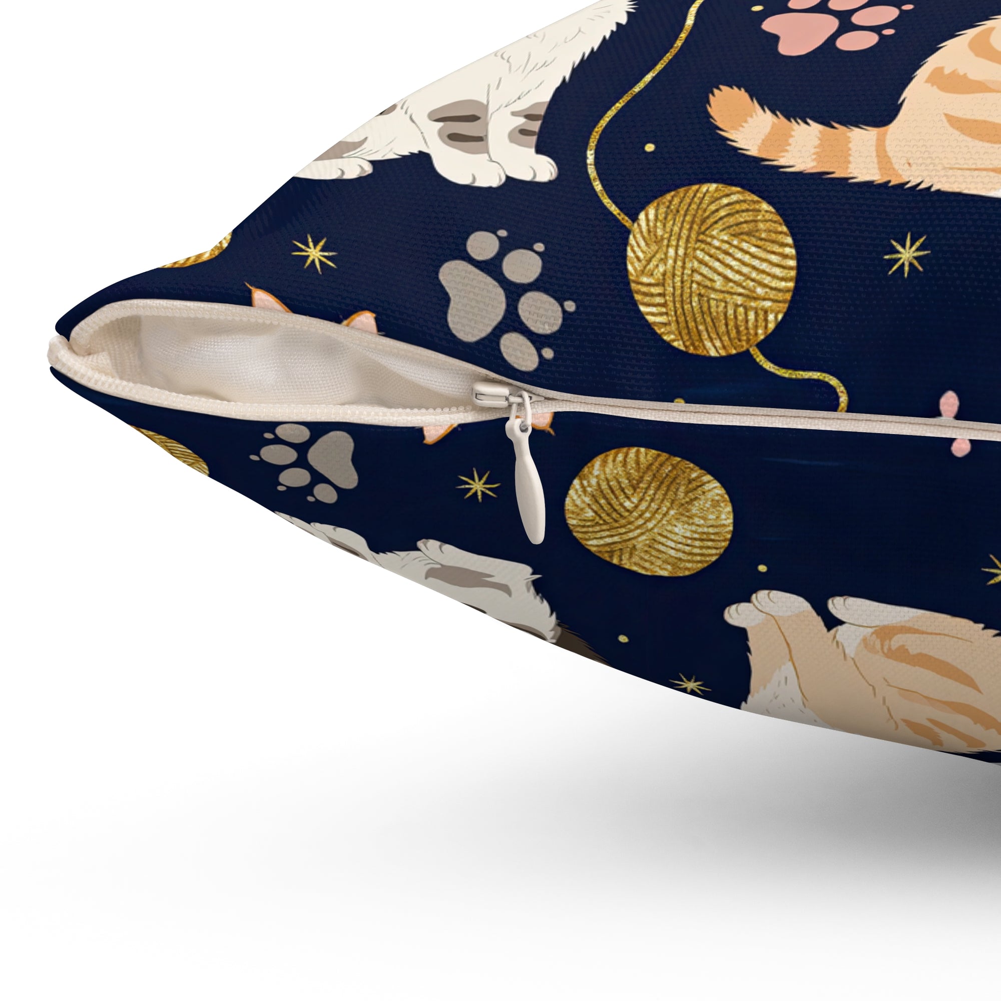 Indoor Square Pillow - Charming cats and golden yarn playful design, cute kittens with paw prints, whimsical animal art for cat lovers, dark blue background, delightful pet themed illustration