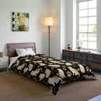 Comforter - Elegant felines and sparkling gold yarn on black, adorable cats with golden paw prints, sophisticated pet motif, charming animal pattern, cozy and warm artistic illustration