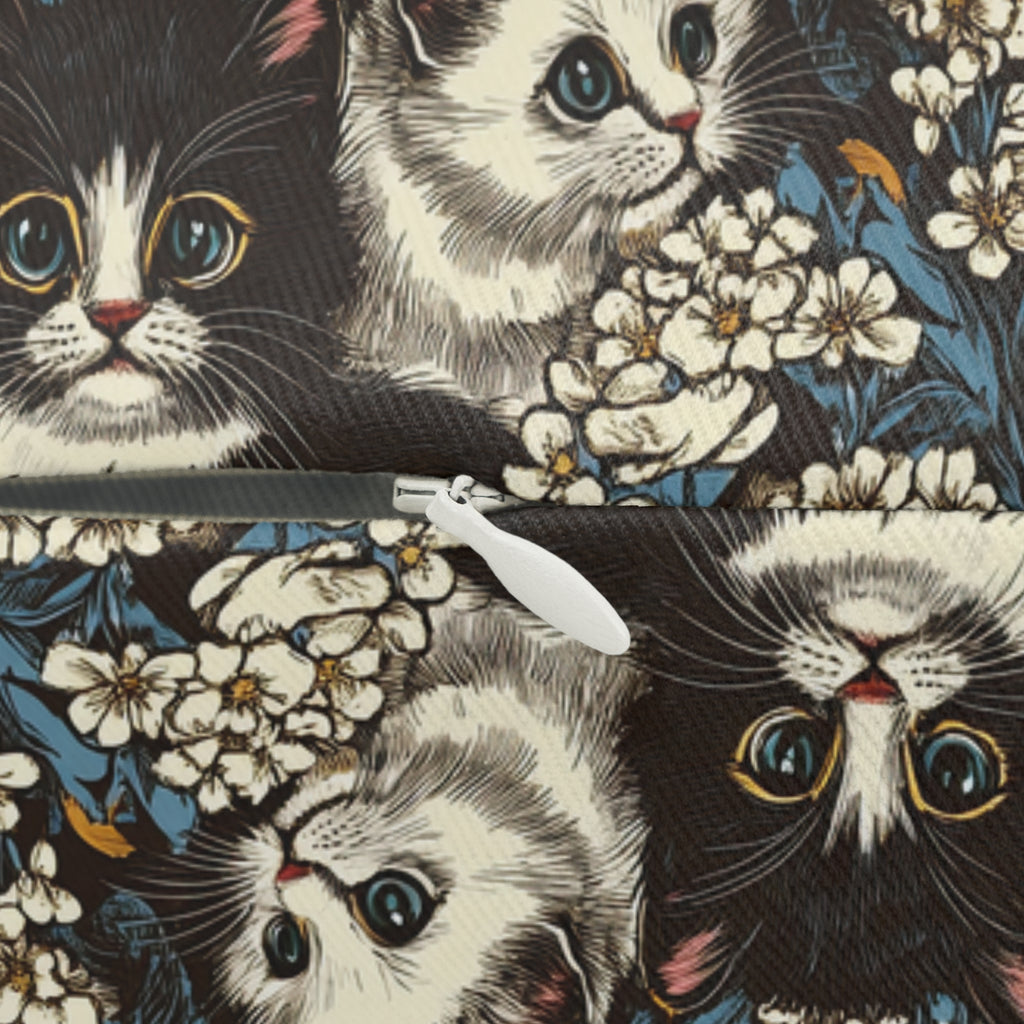 Indoor Lumbar Pillow - Black and White Kittens with Yellow and White Flowers, Dark Blue Leaves, Vintage Charm