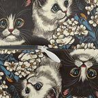 Indoor Lumbar Pillow - Black and White Kittens with Yellow and White Flowers, Dark Blue Leaves, Vintage Charm