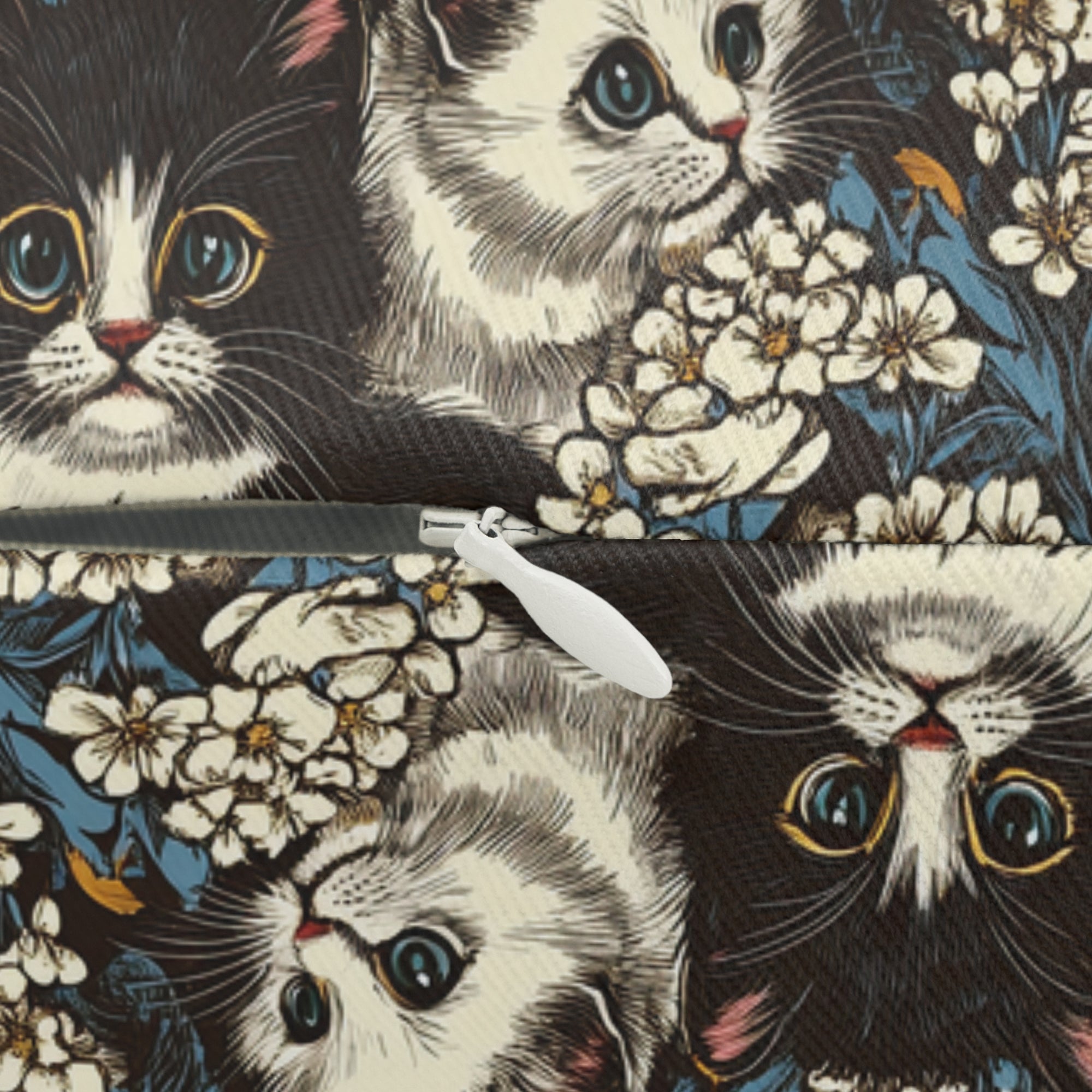 Indoor Lumbar Pillow - Black and White Kittens with Yellow and White Flowers, Dark Blue Leaves, Vintage Charm