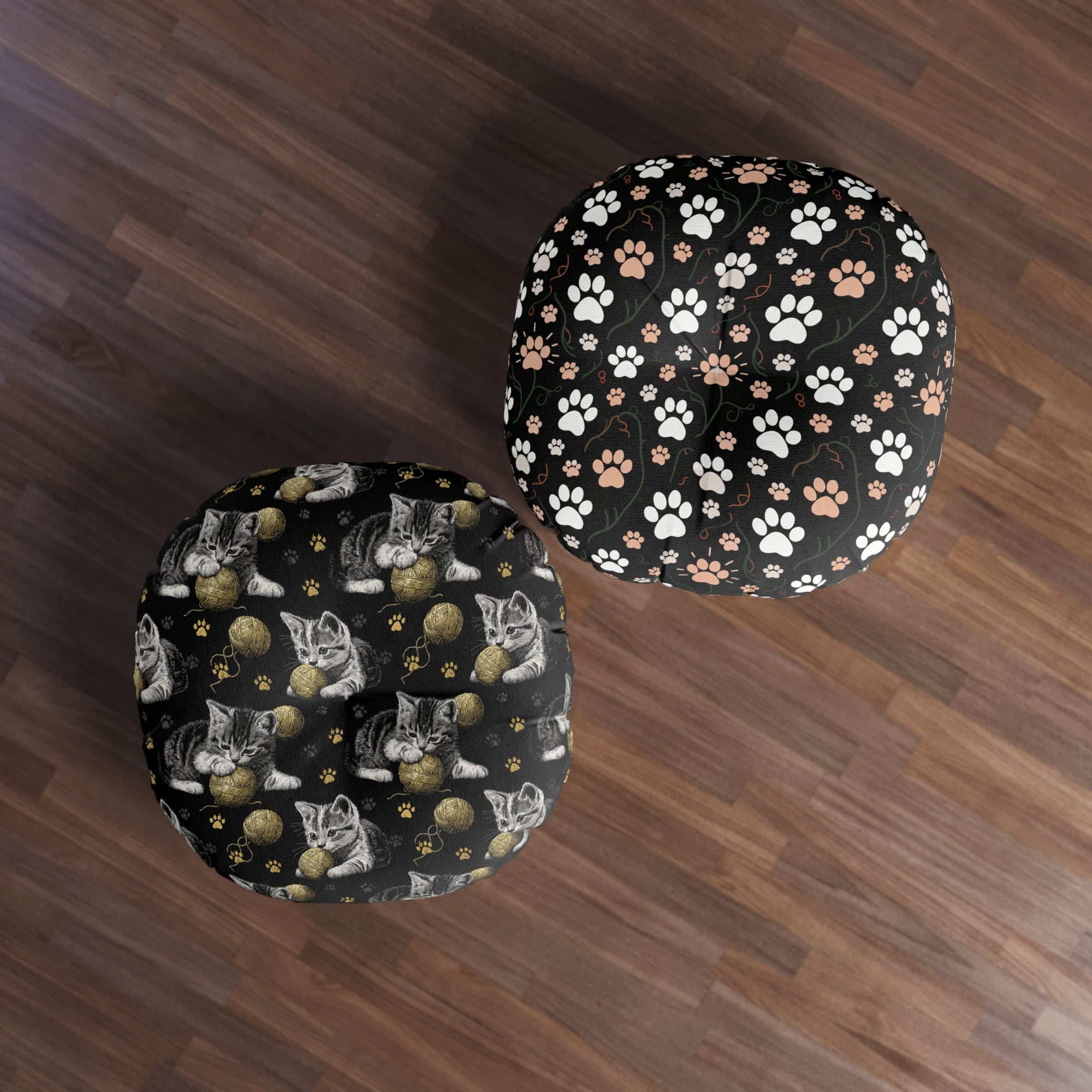 Indoor Round Floor Pillow - Grey and White Kittens Playing with Golden Yarn on a Black Background with Paw Prints