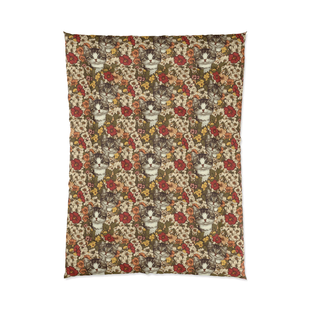 Comforter - Grey Tabby Kittens in a Garden of Red, Peach, and Yellow Flowers, Soft Vintage Style