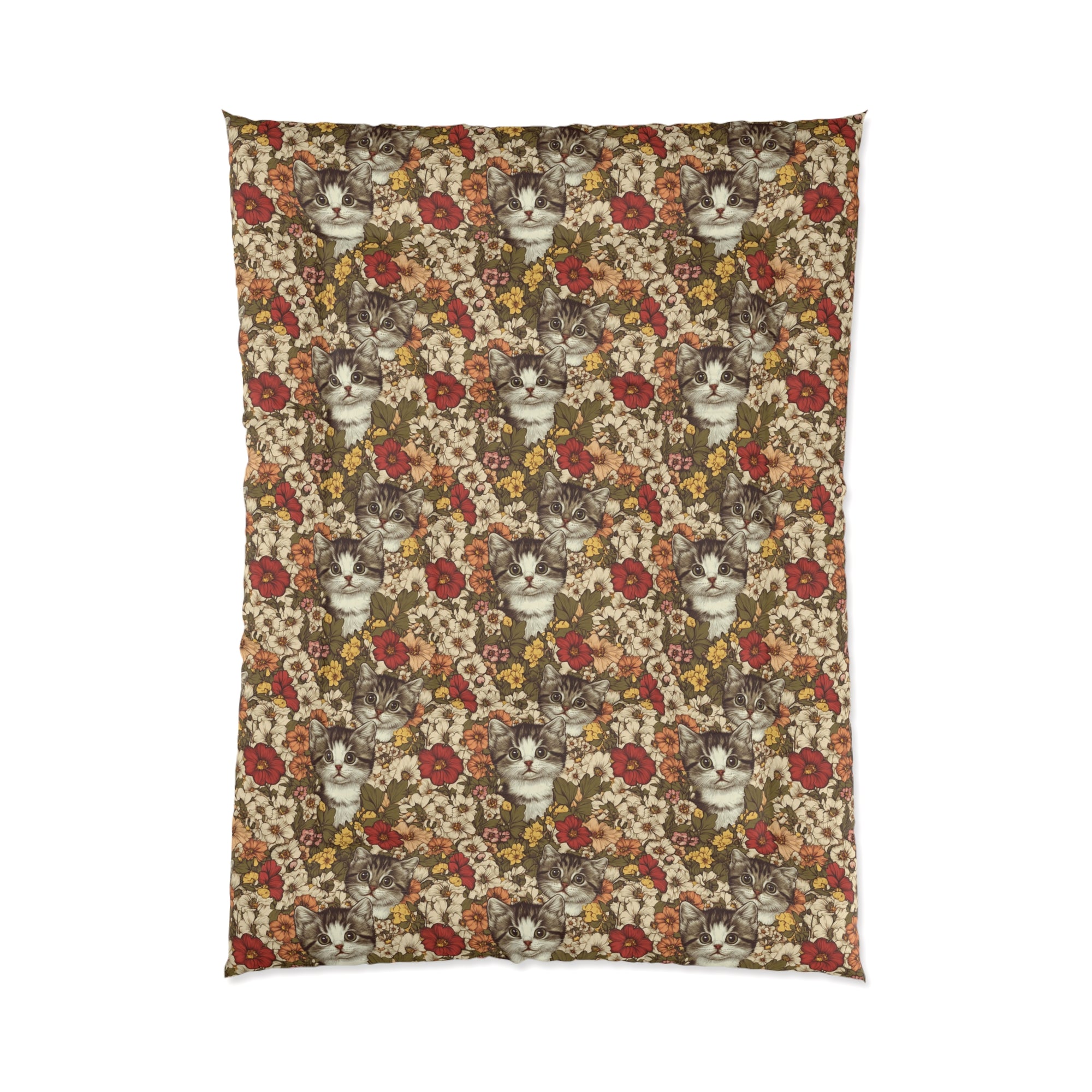 Comforter - Grey Tabby Kittens in a Garden of Red, Peach, and Yellow Flowers, Soft Vintage Style