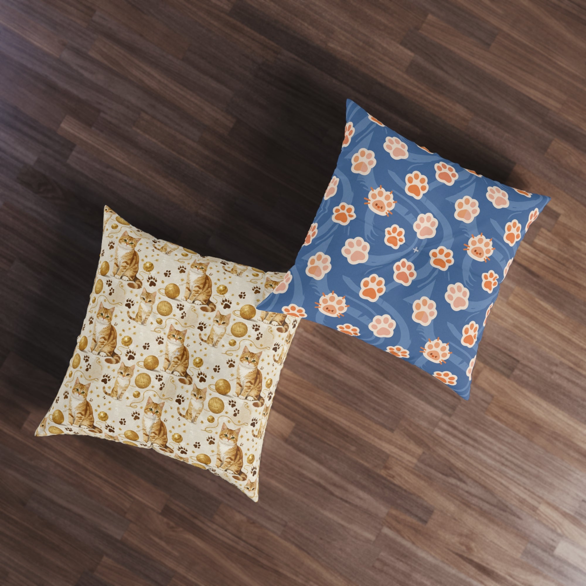 Indoor Square Floor Pillow - Adorable ginger cat with bright green eyes, sparkling gold yarn and paw prints, classic tabby cat illustration, cream background, cute and charming pet themed art