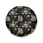 Indoor Round Floor Pillow - Grey and White Kittens Playing with Golden Yarn on a Black Background with Paw Prints