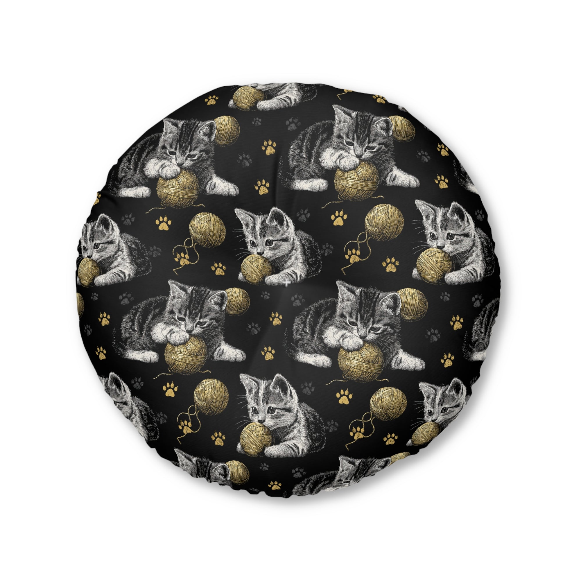 Indoor Round Floor Pillow - Grey and White Kittens Playing with Golden Yarn on a Black Background with Paw Prints