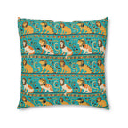 Indoor Square Floor Pillow - Horizontal Stripes of Golden Egyptian Cats and Intricate Hieroglyphs Form a Repeating and Historically Themed Border Pattern