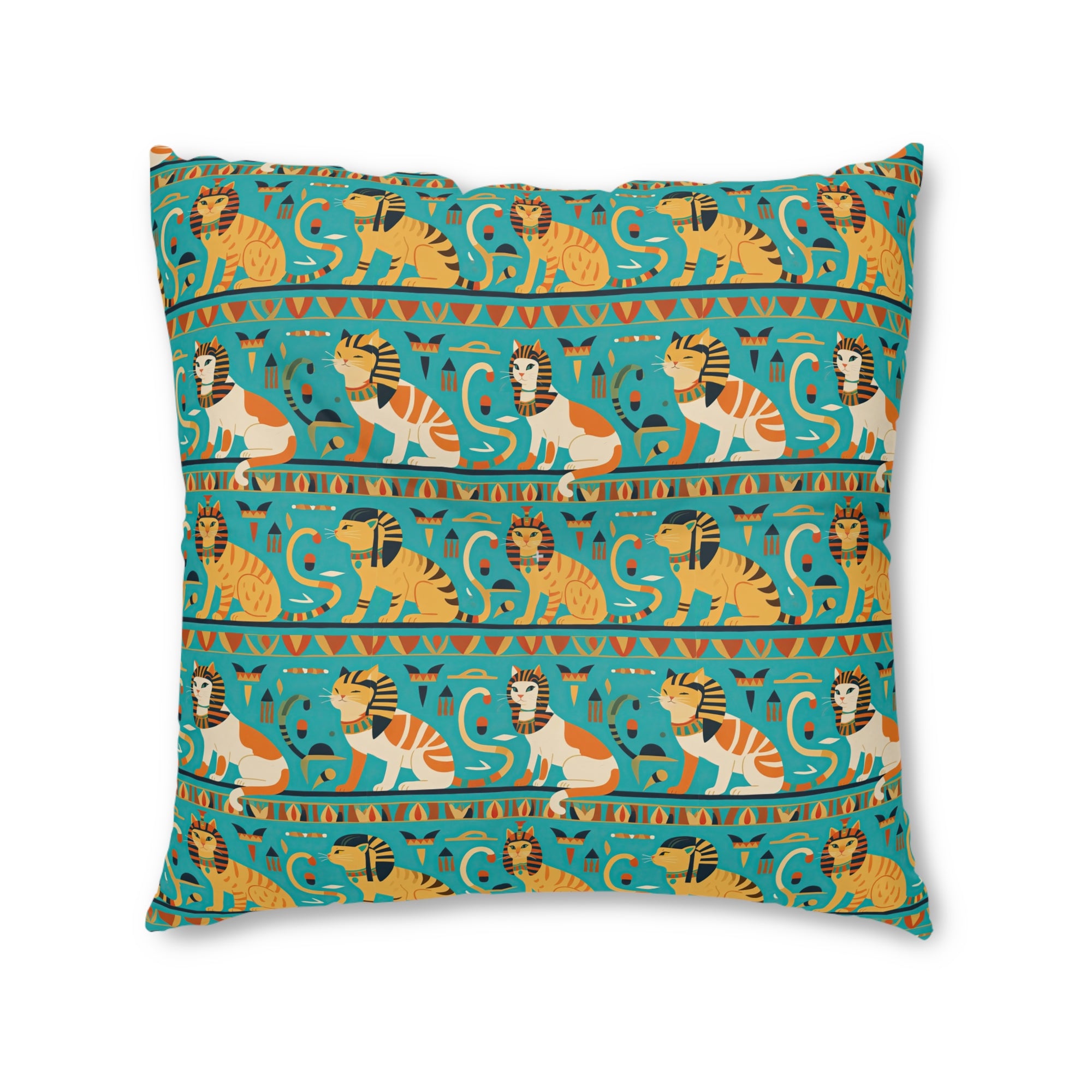Indoor Square Floor Pillow - Horizontal Stripes of Golden Egyptian Cats and Intricate Hieroglyphs Form a Repeating and Historically Themed Border Pattern