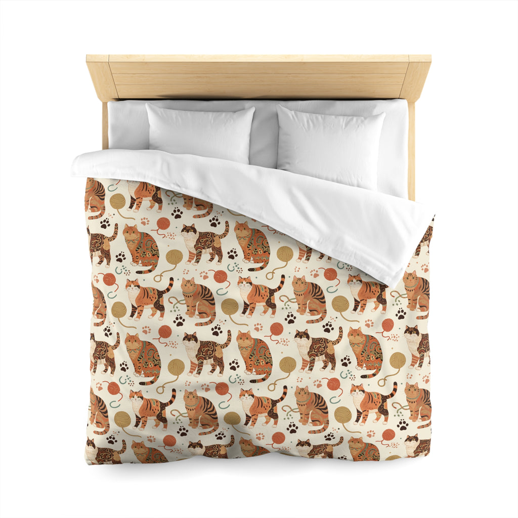 Duvet Cover - Artistic patterned cats in warm earth tones, unique tribal and folk art designs, playful felines with yarn and paw prints, bohemian animal print, cream background, creative cat art
