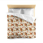 Duvet Cover - Artistic patterned cats in warm earth tones, unique tribal and folk art designs, playful felines with yarn and paw prints, bohemian animal print, cream background, creative cat art