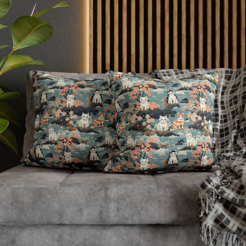 Square Pillowcase - A serene watercolor painting of fluffy cats lounging on rocks, surrounded by cherry blossoms and blue water, in a tranquil, nature-filled, Japanese-inspired landscape.