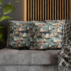 Square Pillowcase - A serene watercolor painting of fluffy cats lounging on rocks, surrounded by cherry blossoms and blue water, in a tranquil, nature-filled, Japanese-inspired landscape.