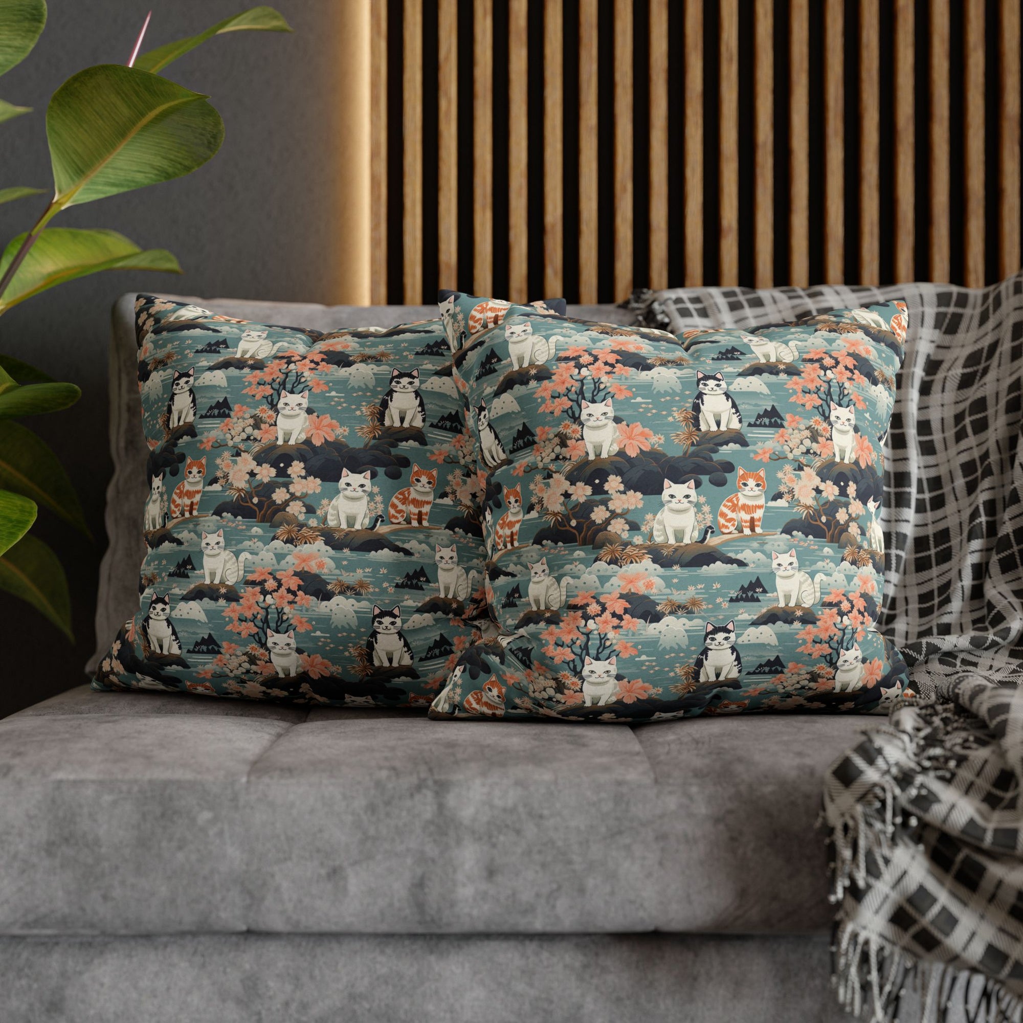 Square Pillowcase - A serene watercolor painting of fluffy cats lounging on rocks, surrounded by cherry blossoms and blue water, in a tranquil, nature-filled, Japanese-inspired landscape.