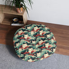 Indoor Round Floor Pillow - A dramatic and powerful Japanese woodblock print-style illustration of cats amidst powerful waves, red flowers, and white cherry blossoms.