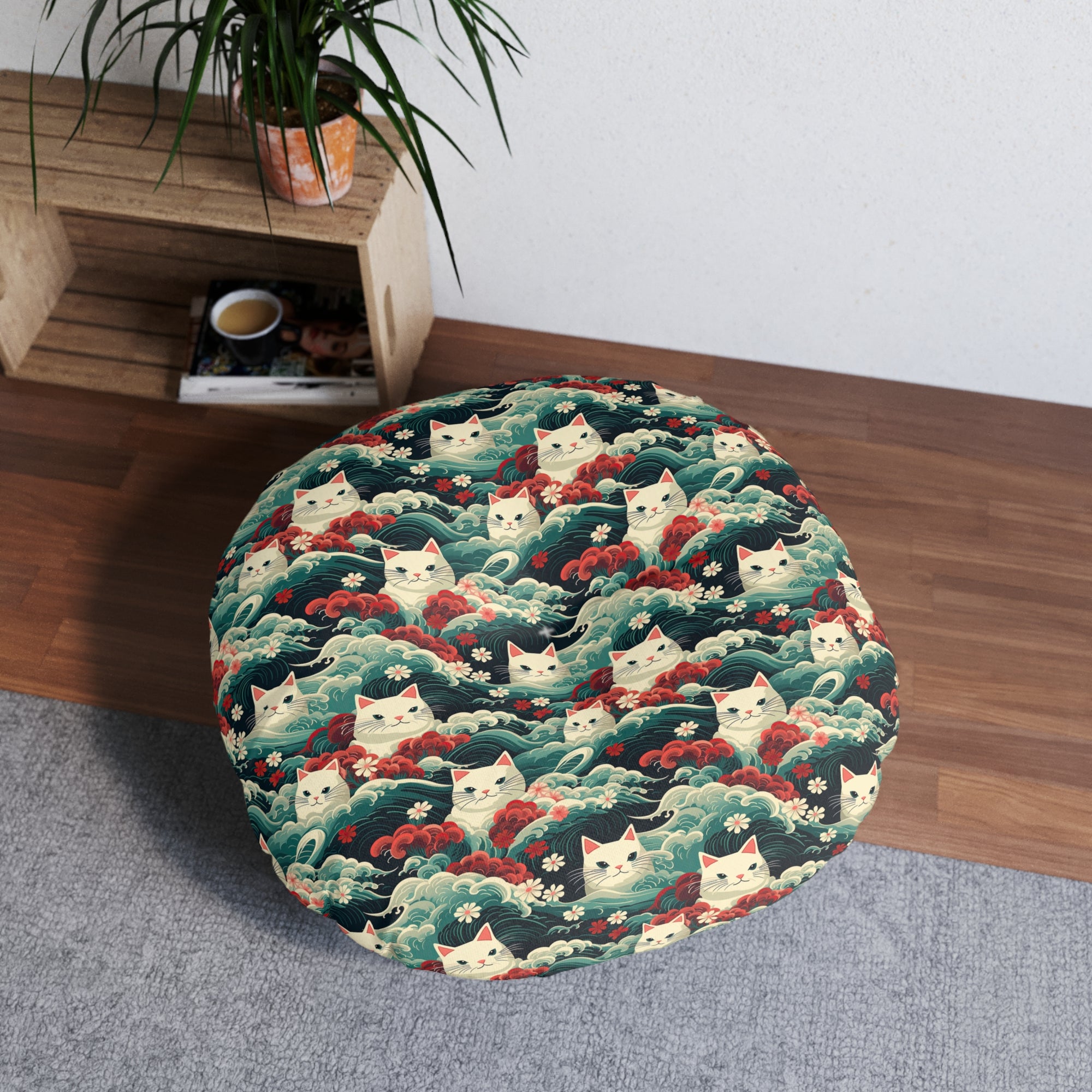 Indoor Round Floor Pillow - A dramatic and powerful Japanese woodblock print-style illustration of cats amidst powerful waves, red flowers, and white cherry blossoms.