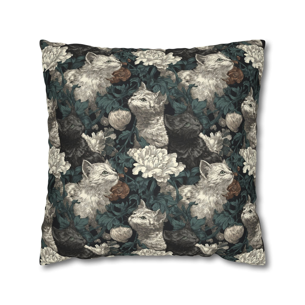 Square Pillowcase - Grey and White Kittens with Creamy White Flowers and Dark Green Foliage, Elegant Vintage Vibe