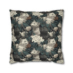Square Pillowcase - Grey and White Kittens with Creamy White Flowers and Dark Green Foliage, Elegant Vintage Vibe