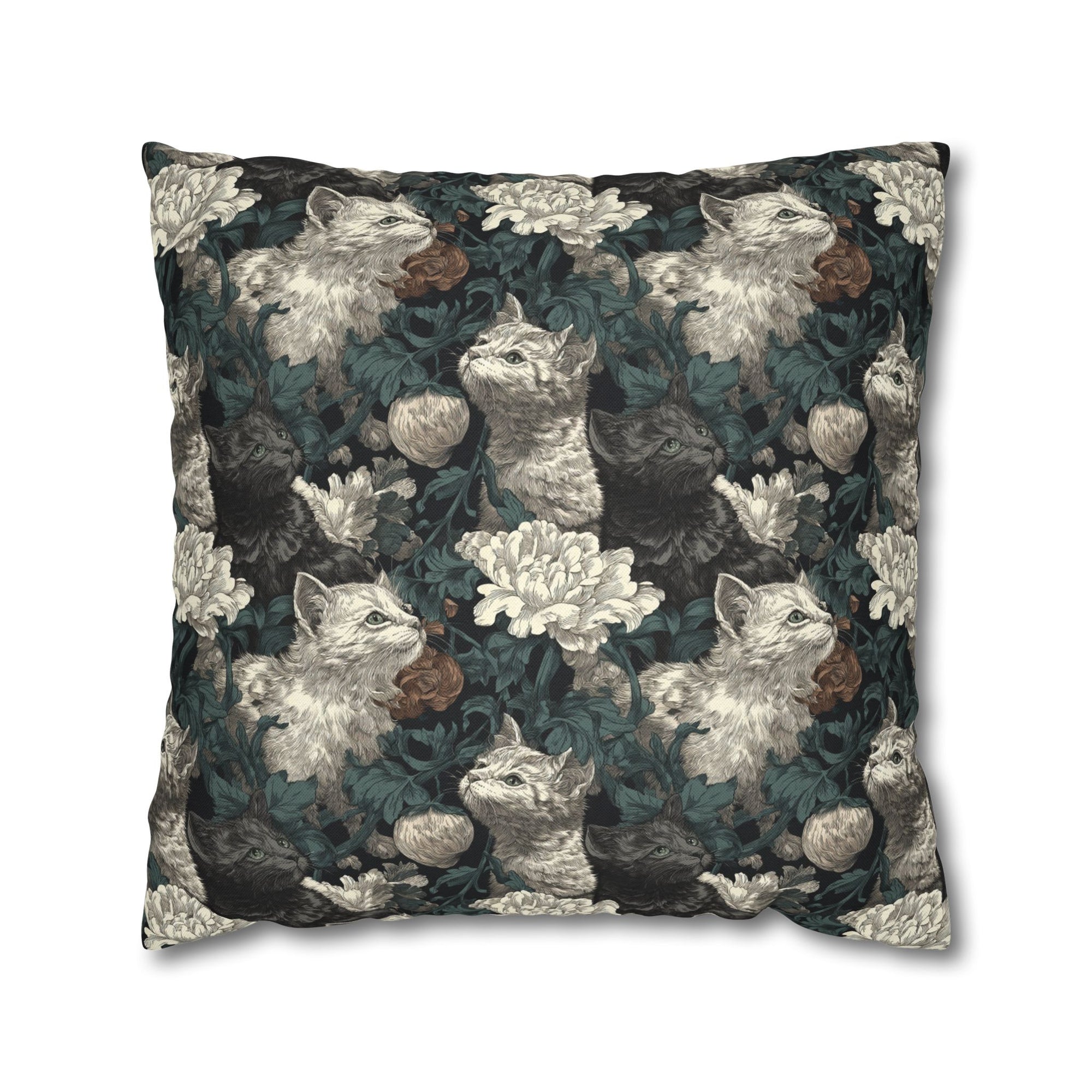 Square Pillowcase - Grey and White Kittens with Creamy White Flowers and Dark Green Foliage, Elegant Vintage Vibe