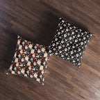 Indoor Square Floor Pillow - A detailed and ornate Victorian-style pattern featuring a tight grouping of fluffy cats of various colors surrounded by black and red flowers and leaves.