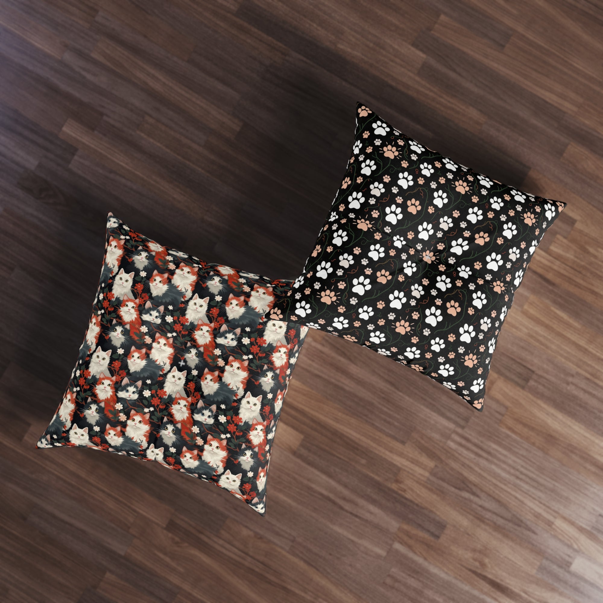 Indoor Square Floor Pillow - A detailed and ornate Victorian-style pattern featuring a tight grouping of fluffy cats of various colors surrounded by black and red flowers and leaves.