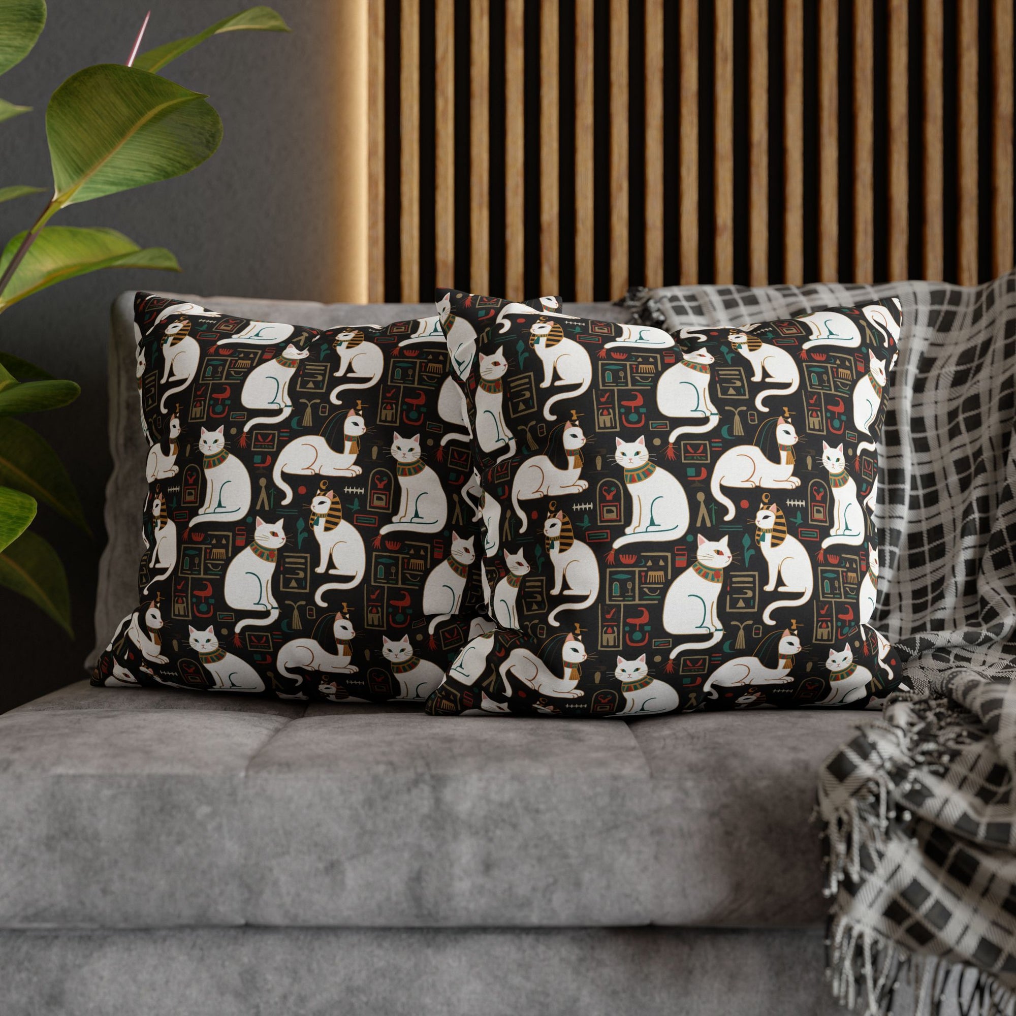 Square Pillowcase - Regal White Egyptian Cats with Ornate Collars and Ancient Symbols Adorn this Historically Inspired and Mystical Pattern