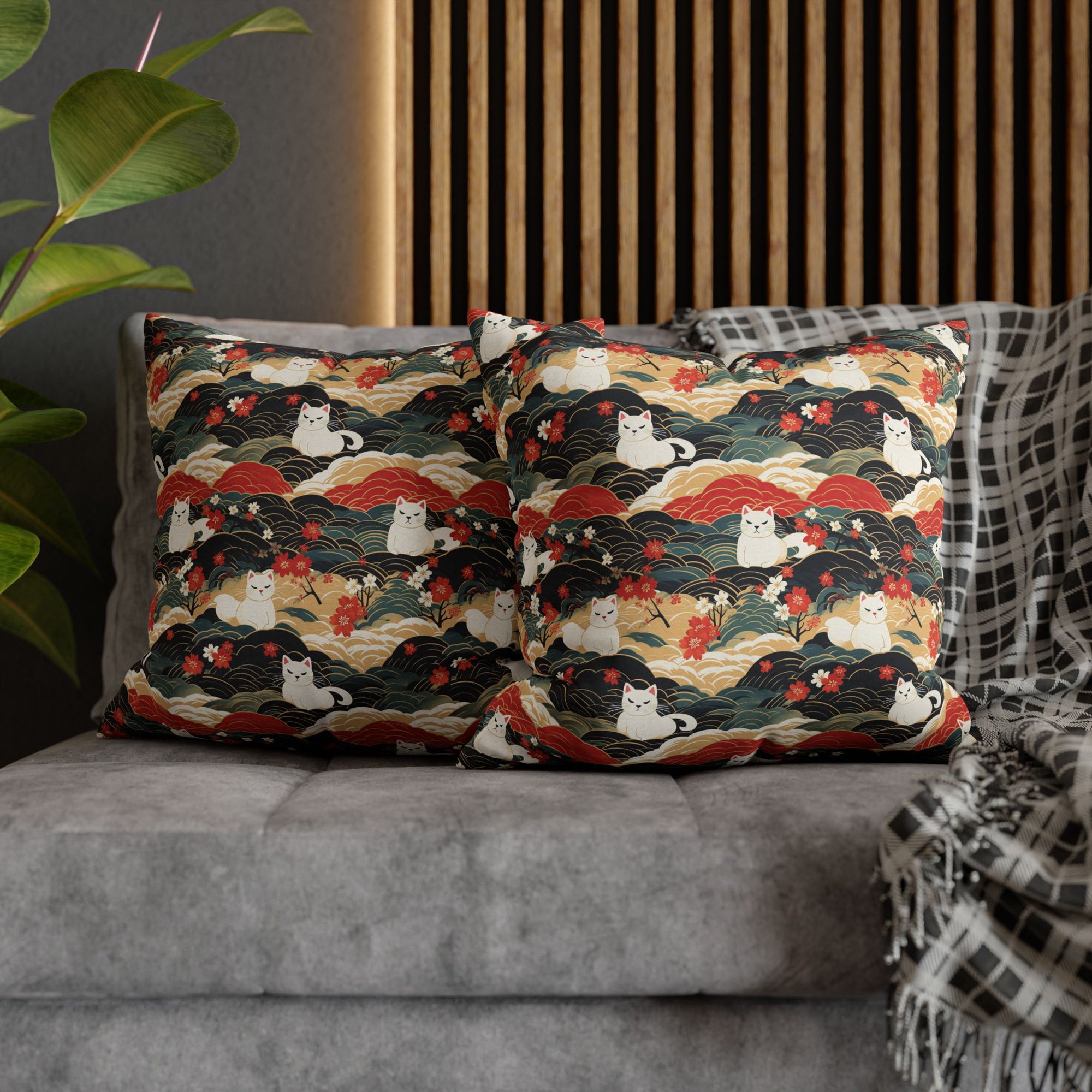 Square Pillowcase - A beautiful, Japanese-inspired illustration of tranquil white cats resting on rolling clouds with vibrant red and white cherry blossoms.