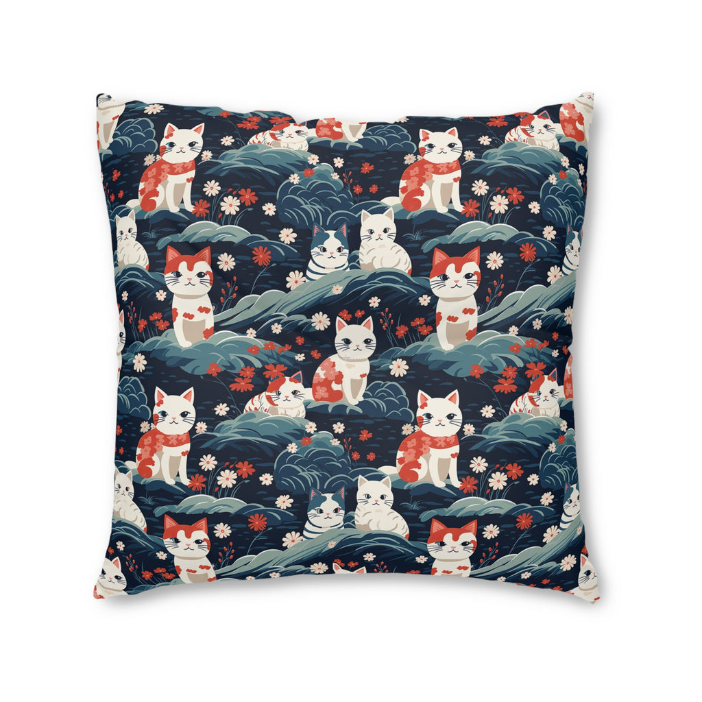 Indoor Square Floor Pillow - A serene and sweet Japanese landscape pattern featuring multicolored cats relaxing within a tranquil field of red and white flowers and gentle blue hills.