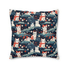 Indoor Square Floor Pillow - A serene and sweet Japanese landscape pattern featuring multicolored cats relaxing within a tranquil field of red and white flowers and gentle blue hills.