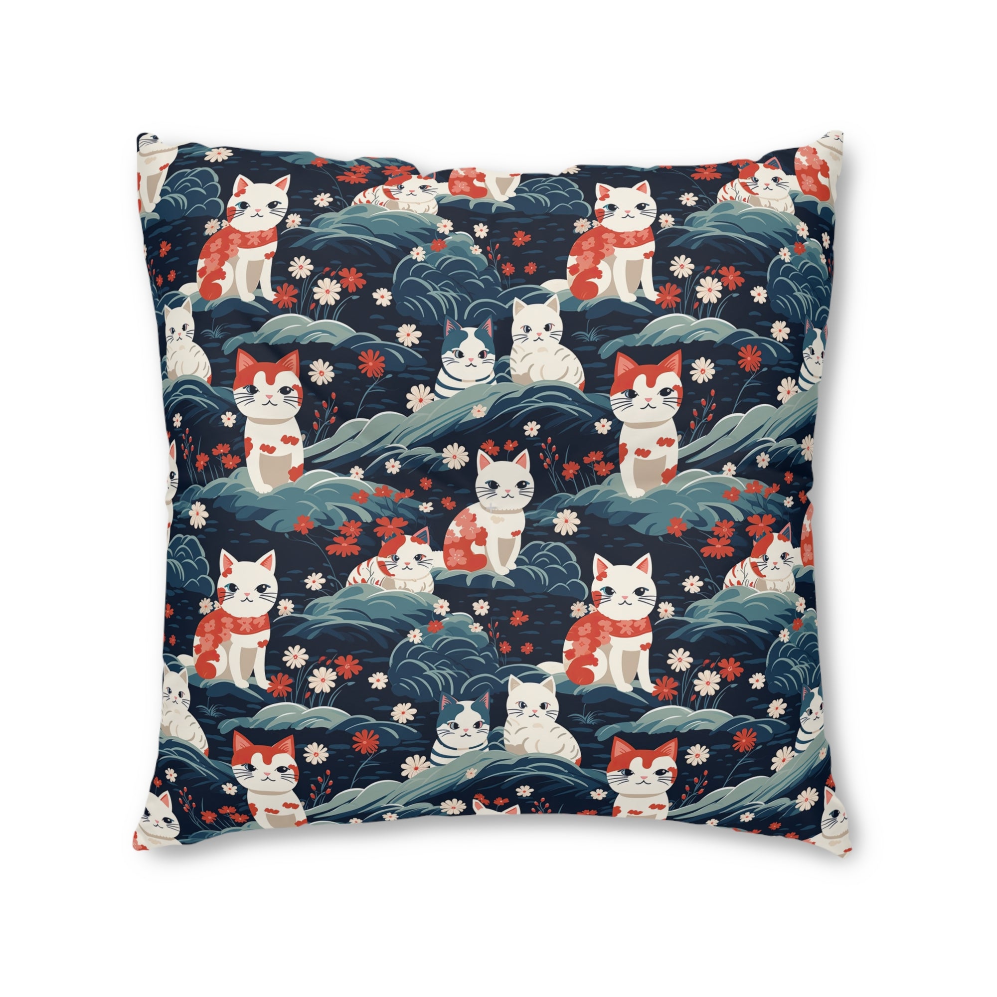 Indoor Square Floor Pillow - A serene and sweet Japanese landscape pattern featuring multicolored cats relaxing within a tranquil field of red and white flowers and gentle blue hills.