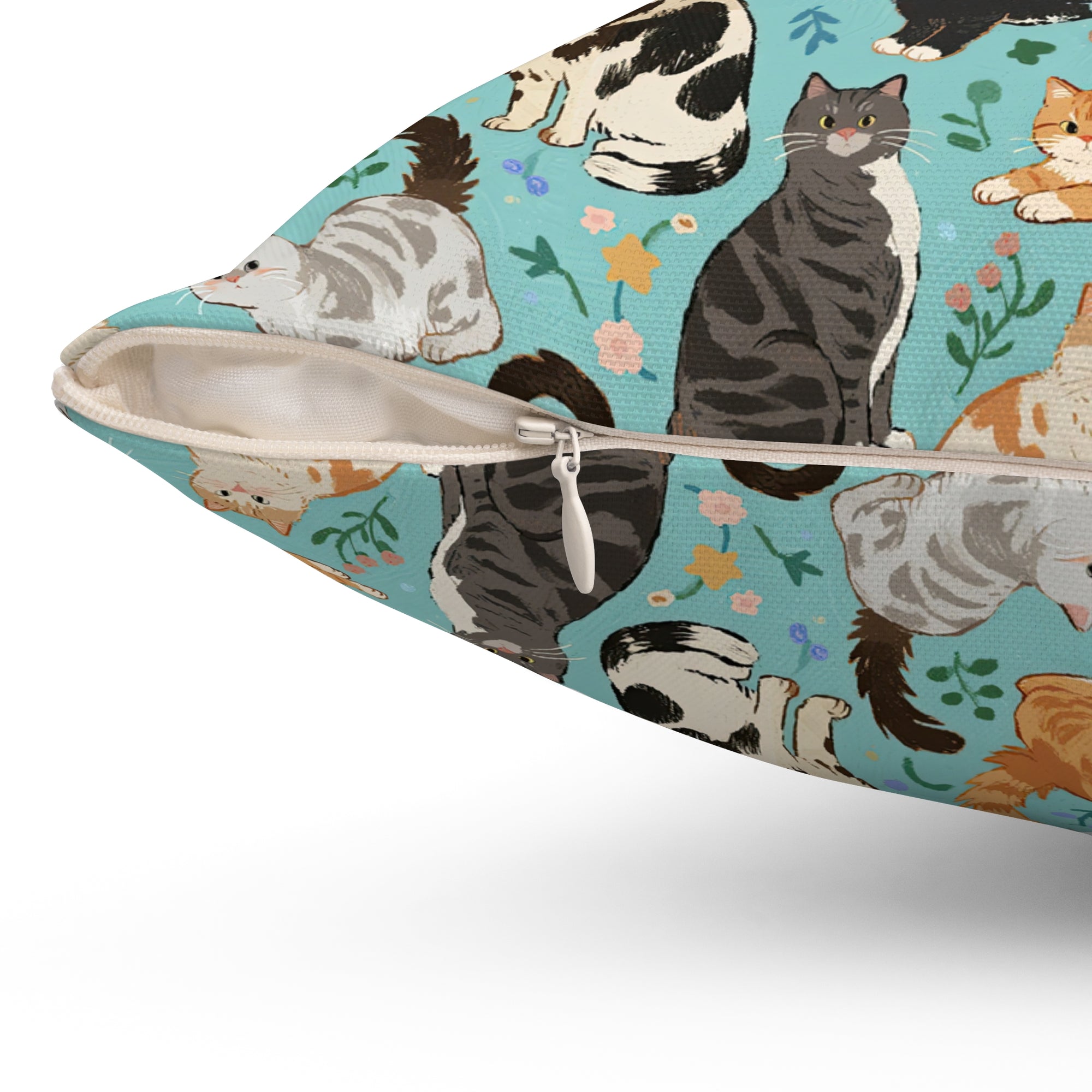 Indoor Square Pillow - A Delightful Assortment of Charming Cats in Diverse Poses and Breeds Scattered Across a Soft Blue Floral Background